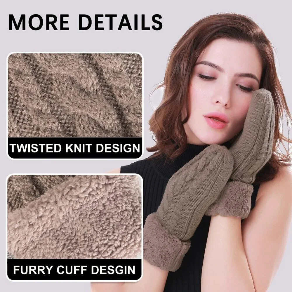 Women's Brown Winter Warm Imported Fleece Lining Cozy Wool Knit Thick Gloves